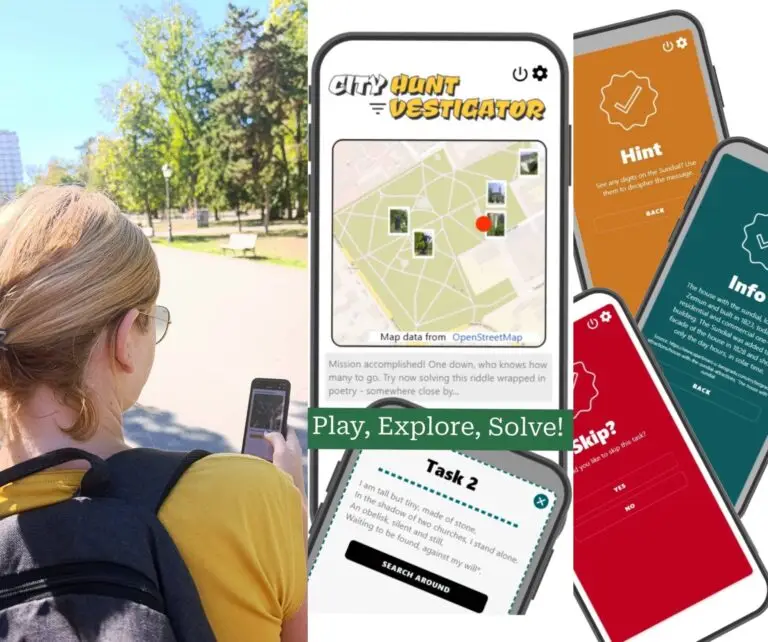 Player exploring Belgrade through City Hunt Belgrade urban adventure scavenger hunt game with map and puzzle challenge.
